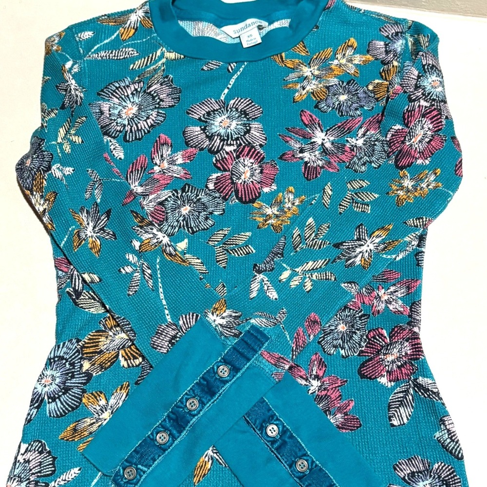 Sundance Womens Waffle Knit Thermal Top Button Cuff Sz XS Boho Turquoise Floral